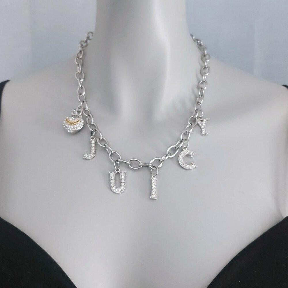 JUICY COUTURE Necklace Vintage Y2K Pave Crystals Heart Crown Bling Statement EUC